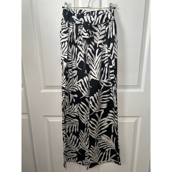 Sincerly Jules Pants - Sincerely Jules Wide Leg Palm Print‎ Satin Pants High Waist Tie Front Black L
